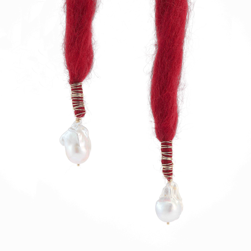 Crimson | White Baroque Pearl Brass Coils Wool Necklace