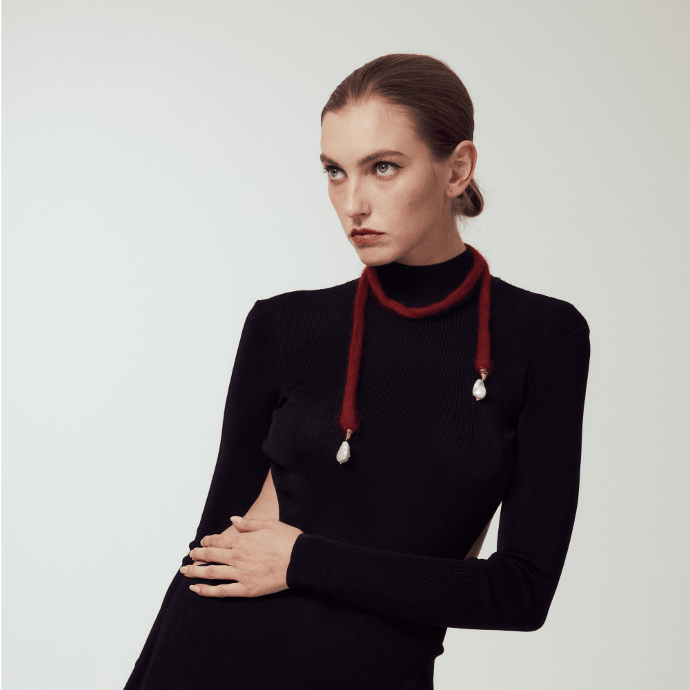 Crimson | White Baroque Pearl Brass Coils Wool Necklace