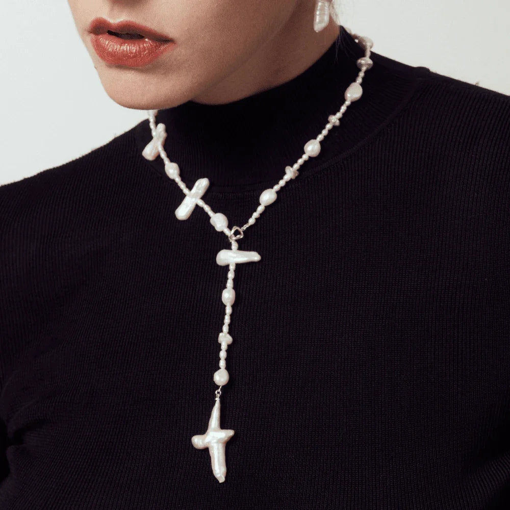 Fay White Cross Keshi Baroque Pearl Silver Necklace model view