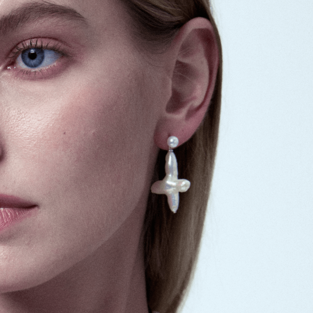 White Cross Baroque Pearl Silver Earrings model view