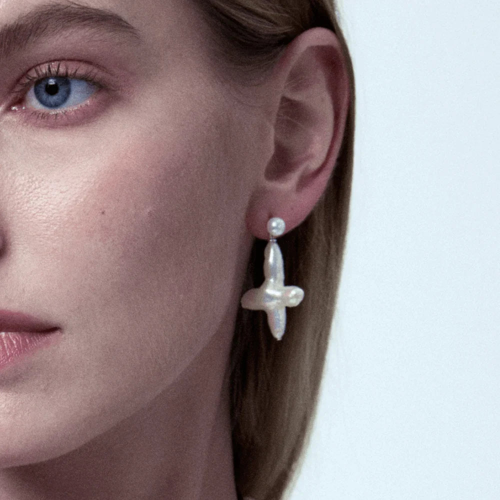 Fay cross pearl earrings model view 1