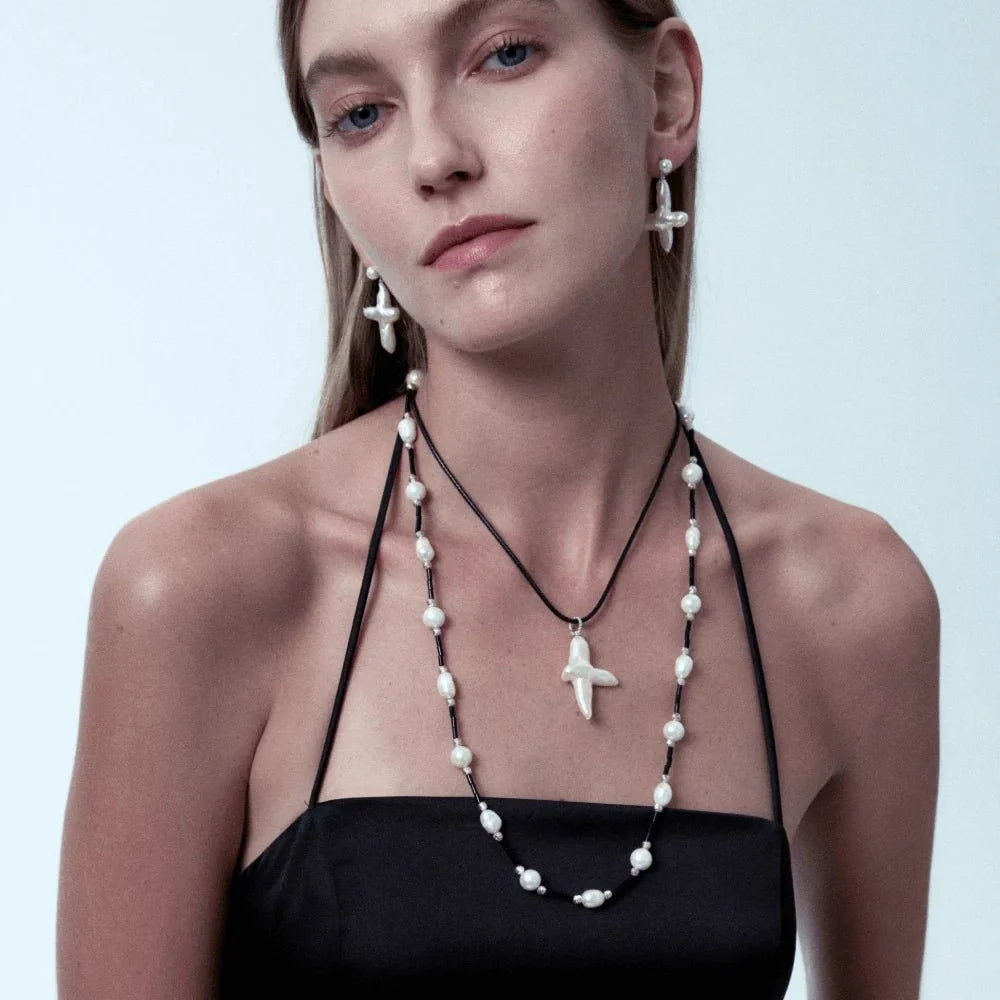 Fay cross pearl earrings model view 2