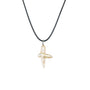 Unisex baroque cross pendant featuring a natural cross shaped pearl on a minimalist black hide rope.