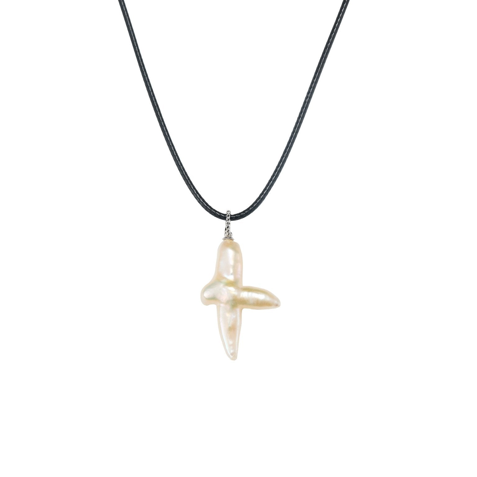 Unisex baroque cross pendant featuring a natural cross shaped pearl on a minimalist black hide rope.