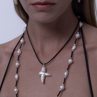 Cross Black Hide Rope Baroque pendant thumbnail 1