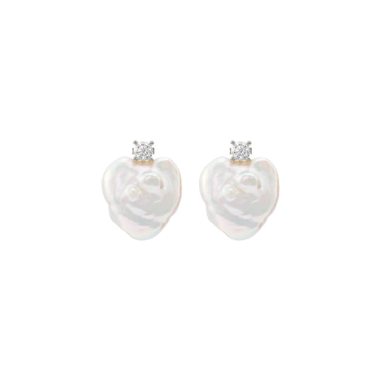 Plain white background product shot of pair of sterling silver heart-shaped baroque pearl drop stud earrings with tiny cubic zirconia top detail