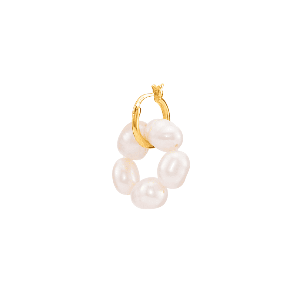 Detailed shot of baroque keshi pearl and polished 18k gold earring
