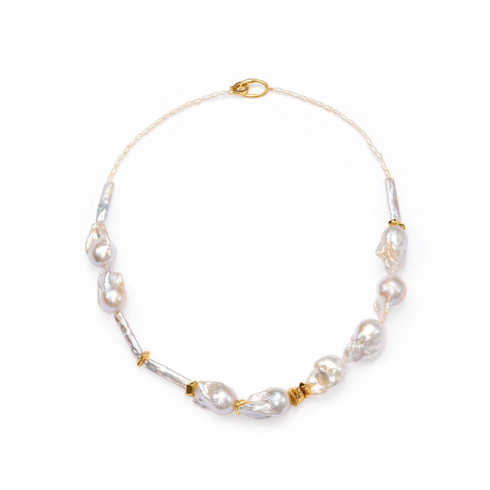 Long irregular baroque pearl necklace with white pearl chains