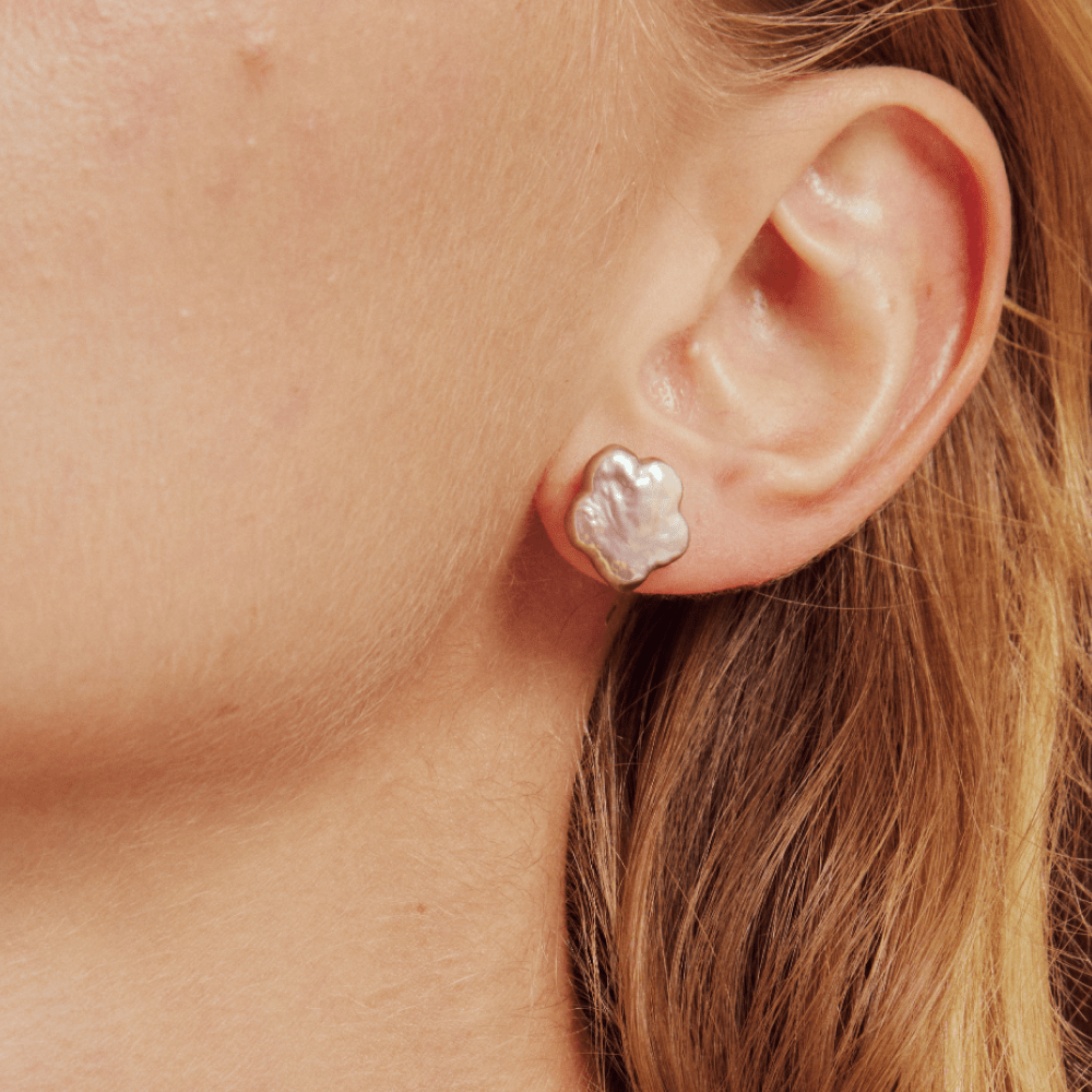 Organic flower form baroque pearl silver stud earrings