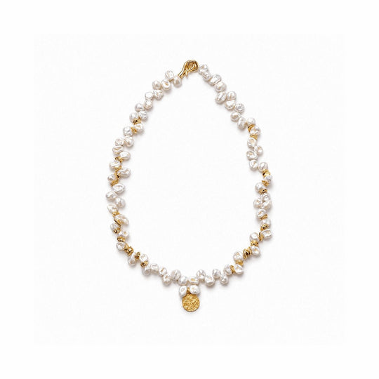 Julian | White Keshi Baroque Pearl 18k Gold Disc Necklace