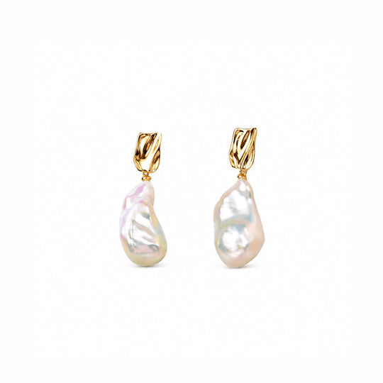 Flowing | White Drop Baroque Pearl 18k Gold Earrings
