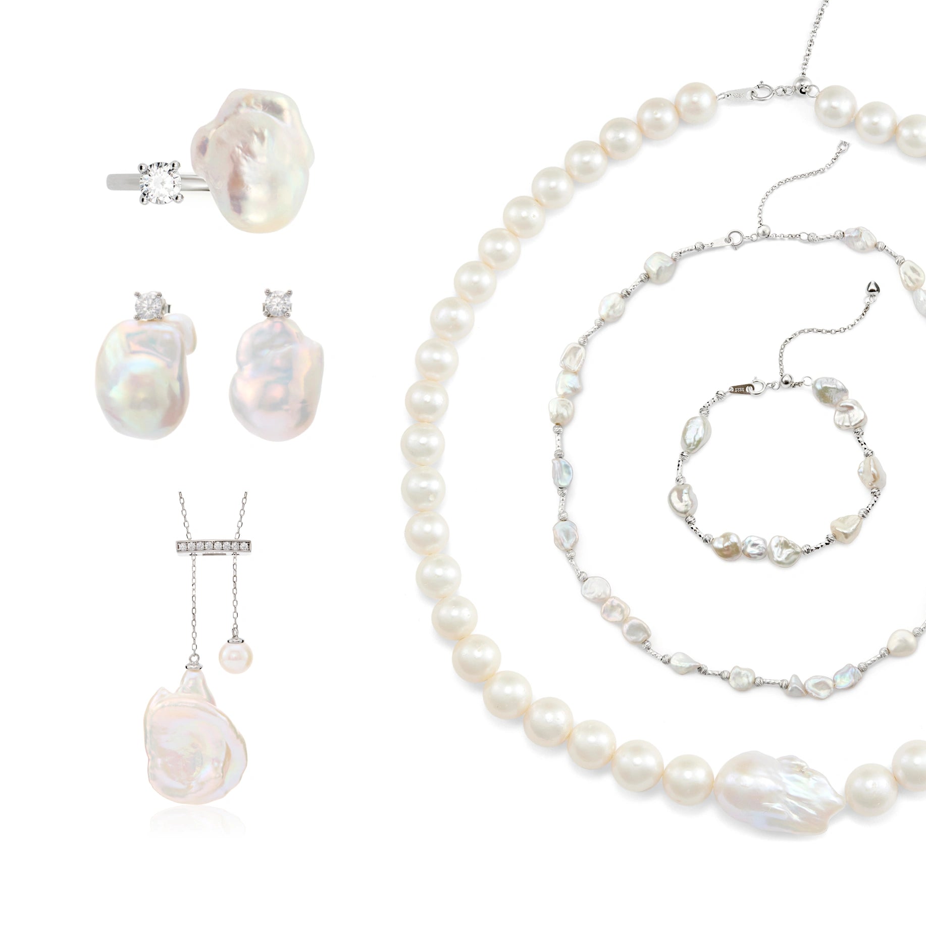 Ether | White Baroque Pearl Silver Jewelry Set