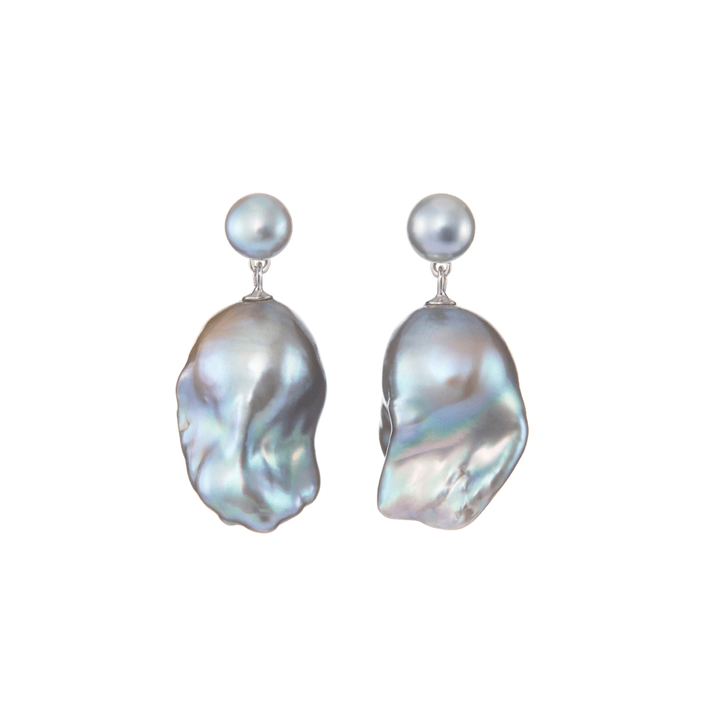Frosted Mirage blue baroque pearl drop earrings, silver with blue pearl seawater earrings