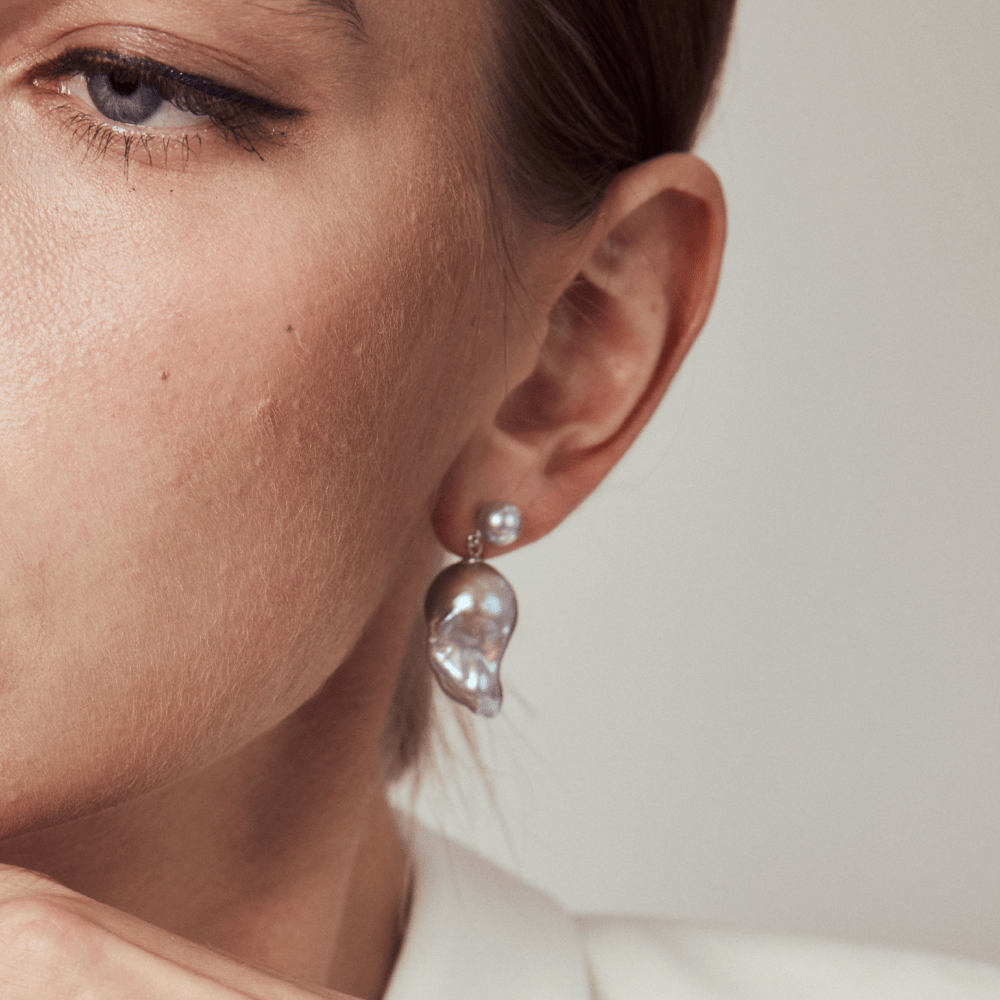 Twilight | Grey Baroque Pearl Silver Earrings model view
