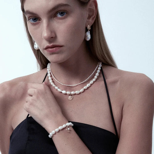 Gardener White Oval Baroque Pearl Charm Bracelet model view 2