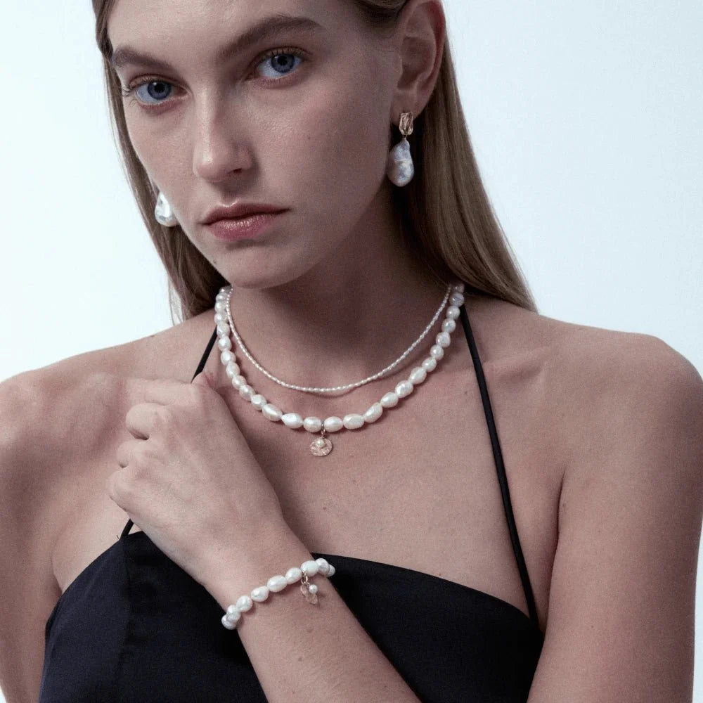 Gardener White Oval Baroque Pearl Charm Bracelet model view 2