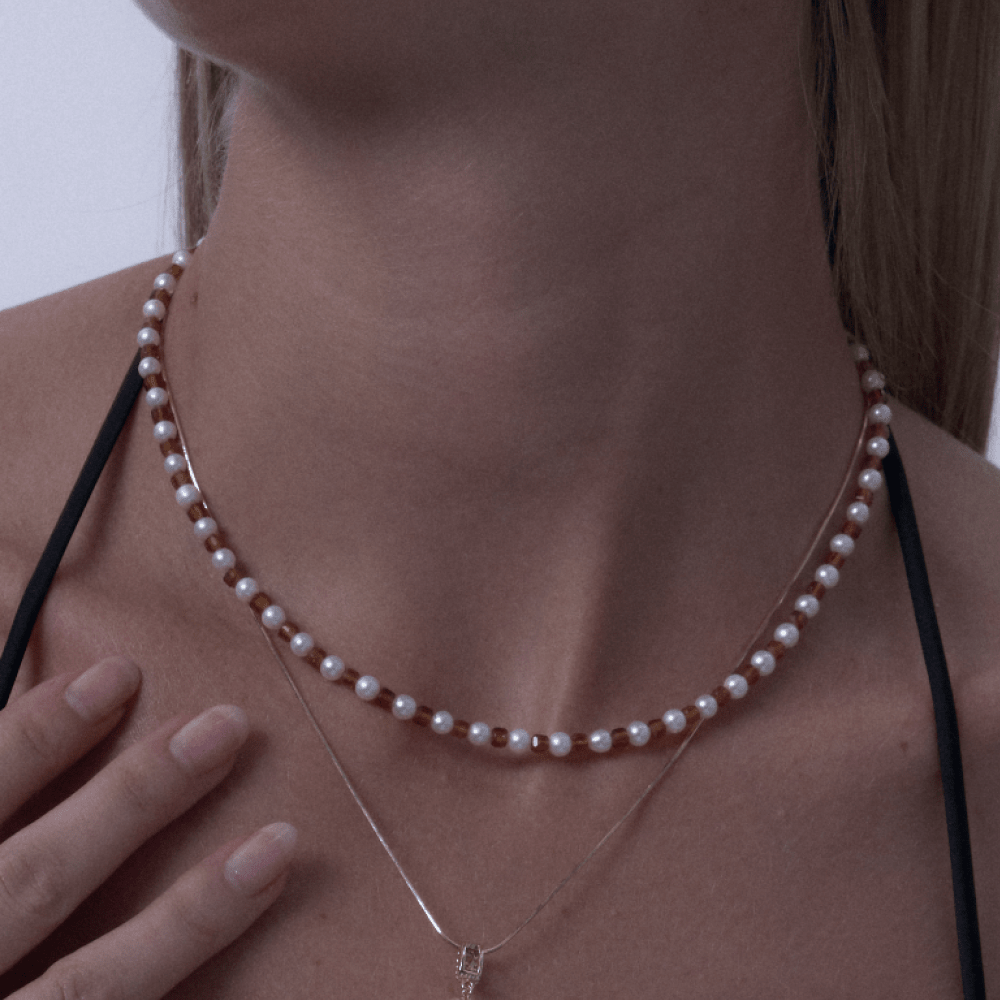 White Baroque Pearl Garnet Beaded Necklace model view