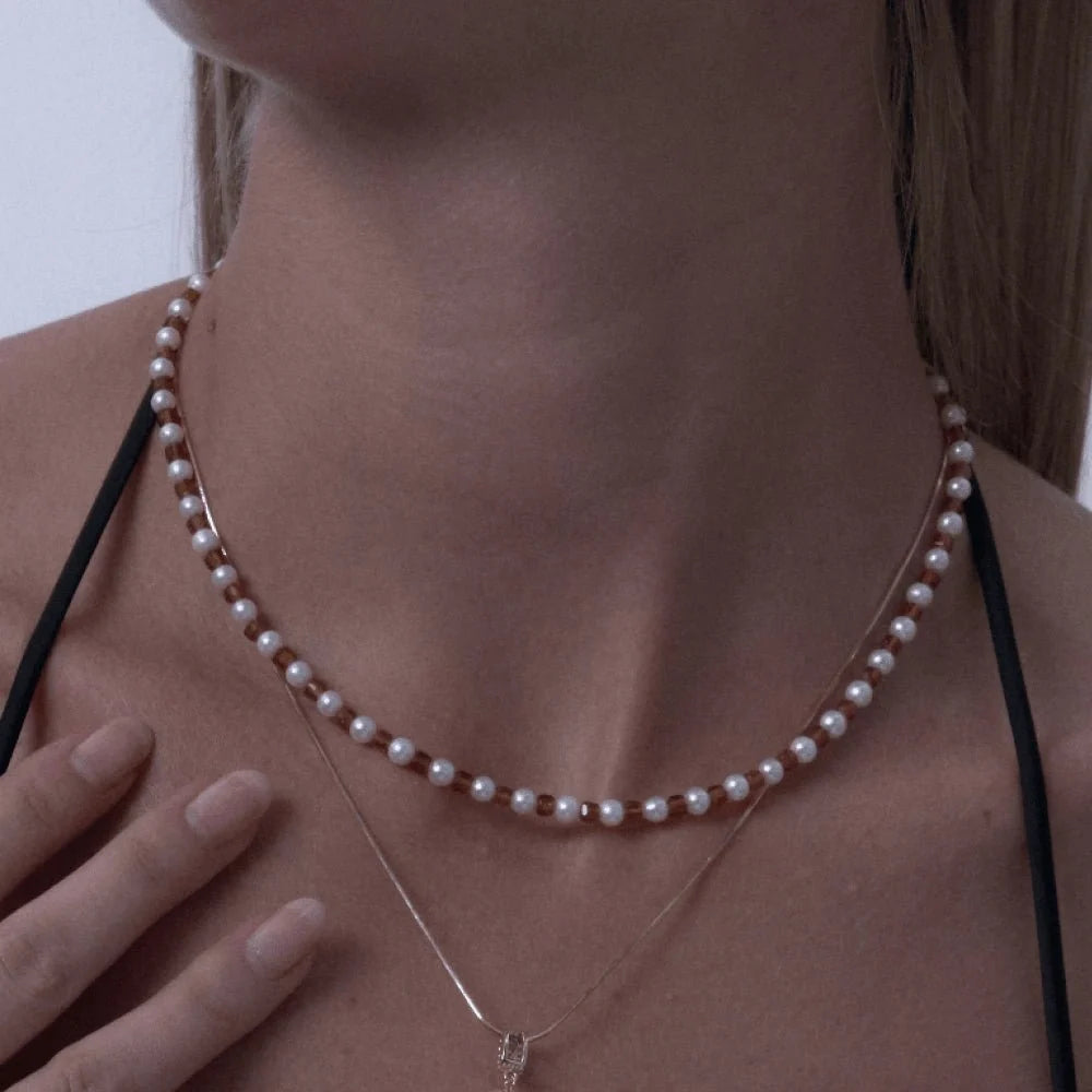 Gabri | White Baroque Pearl Garnet Beaded Necklace model view