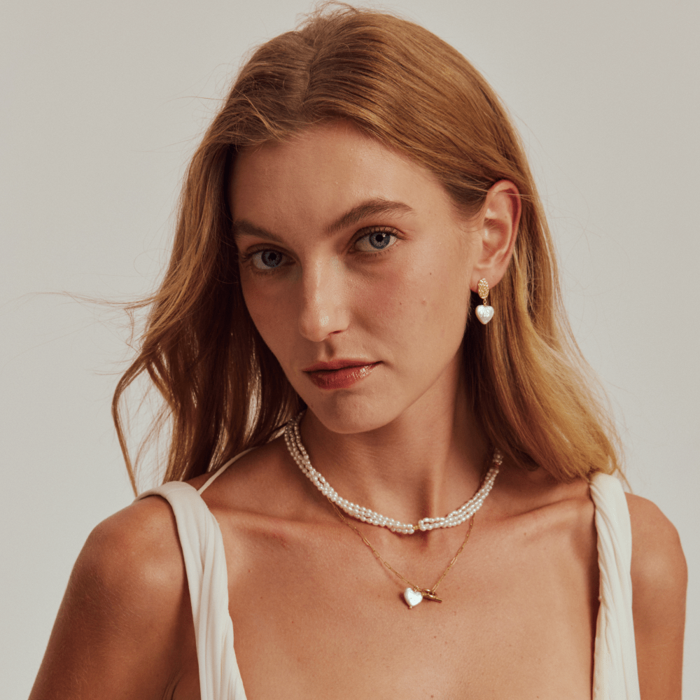 multiple Layered necklace look with a heart toggle pendant, perfect for date night jewelry or daily outfit.