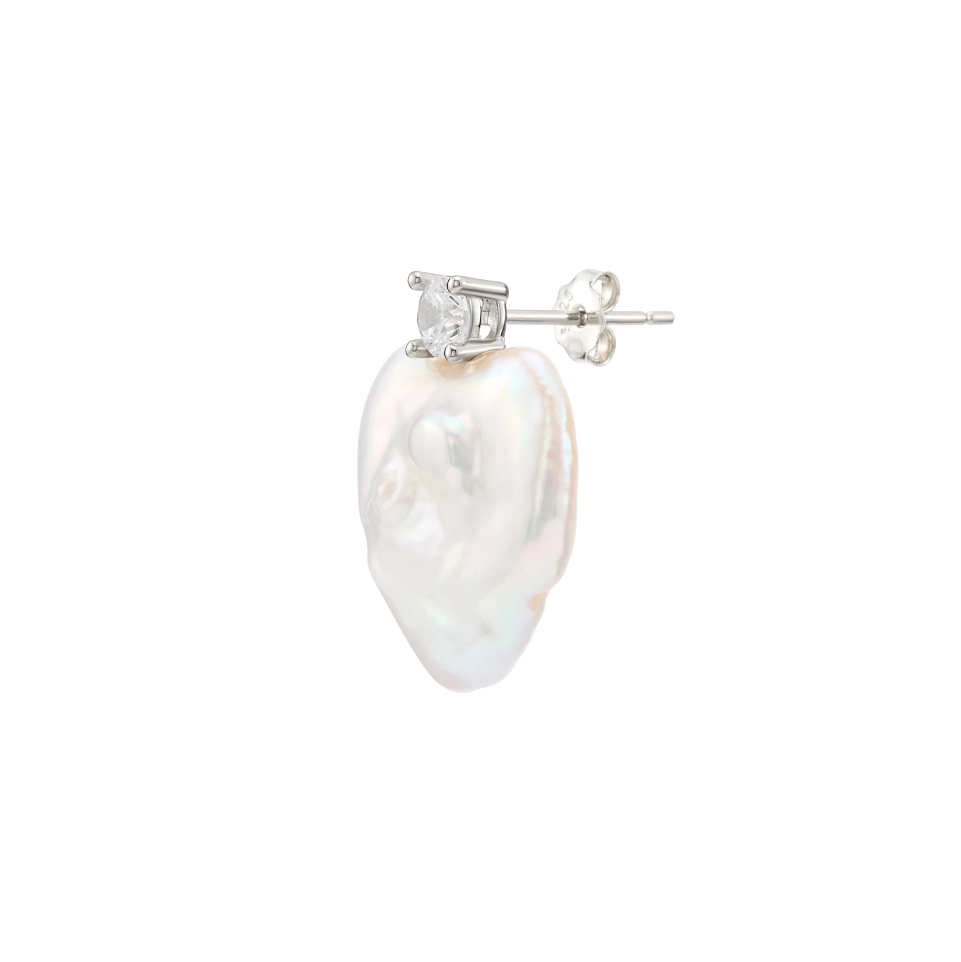 Heart baroque pearl stud earrings side view close up
