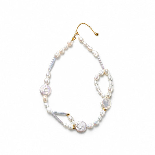 Irene White Button Stick Keshi Baroque Pearl 18k Gold Necklace