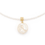 Isolated close-up of coin pearl pendant and seed pearl chain