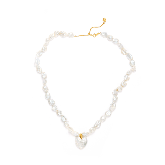 Single strand baroque pearl necklace with a gold heart clasp, unique anniversary gift for her.