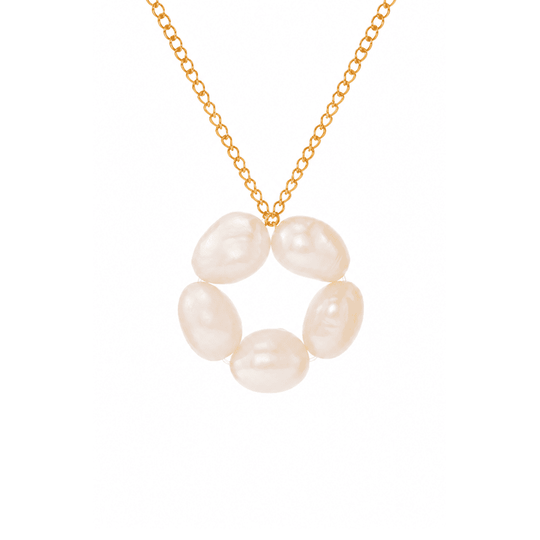 close up of polished 18k gold thin chain, pendant made of five linked irregular white baroque pearls forming a hollow flower shape