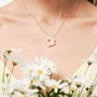 Model wearing baroque pearl flower gold necklace collarbone shot