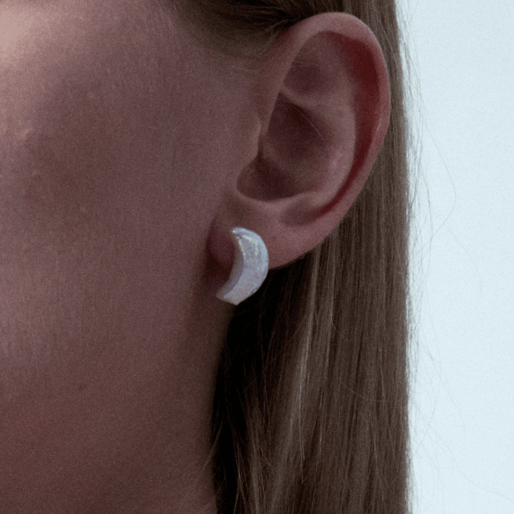 Luna White Moon Baroque Pearl Silver Stud Earrings model view 1