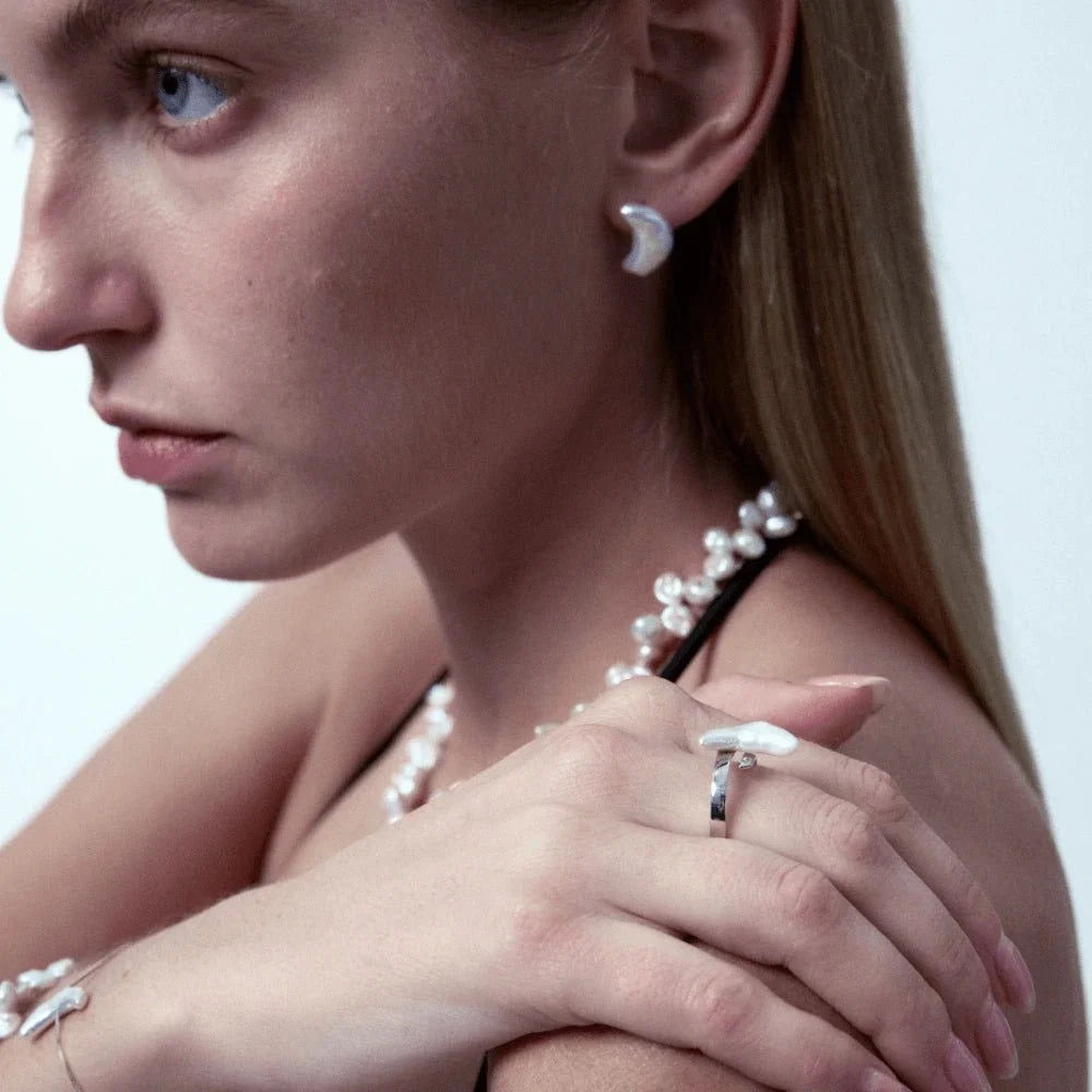 Luna | White Moon Baroque Pearl Silver Stud Earrings model view