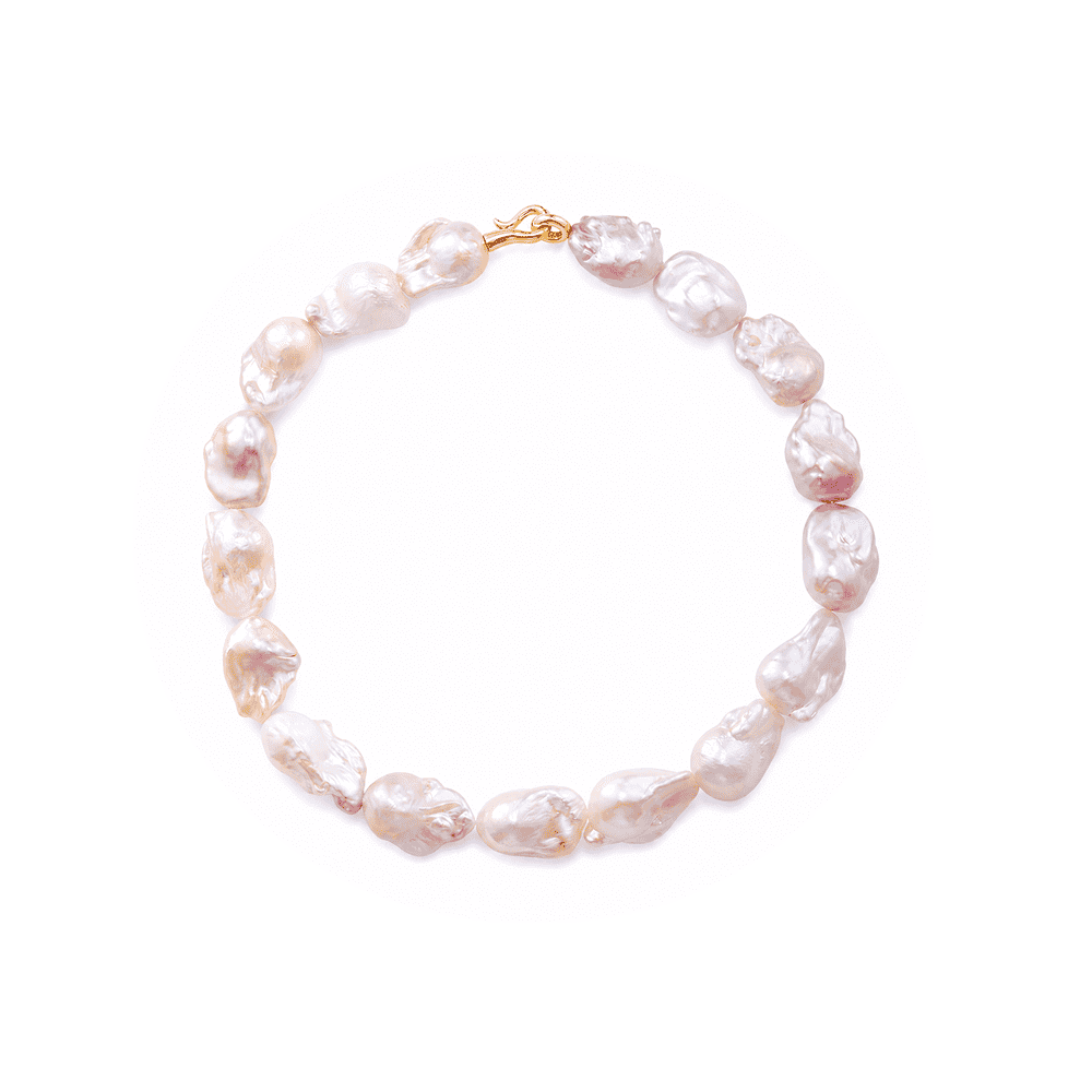 Ocean Foam full strand natural pink baroque pearl 18k gold necklace studio view