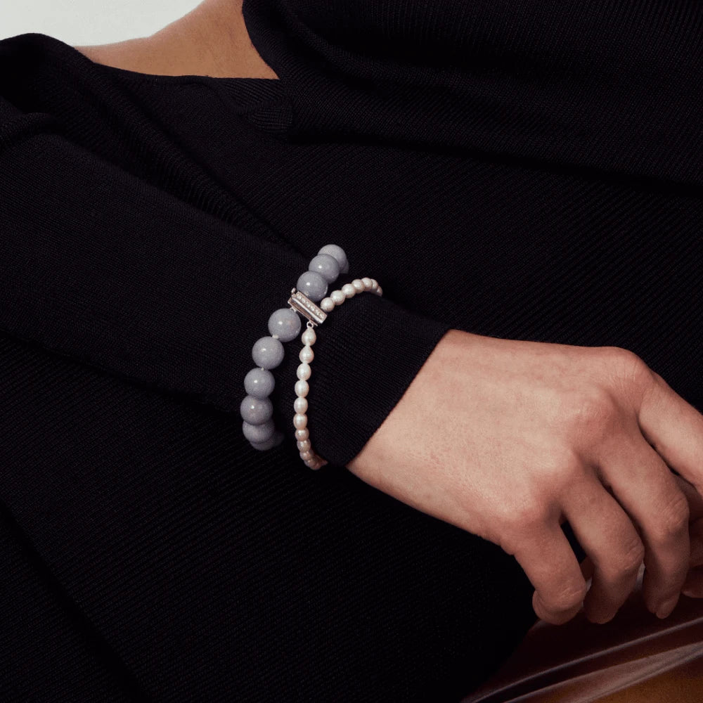 Midnight White Oval Baroque Pearl Peruvian Blue Stone Bracelet model view 1