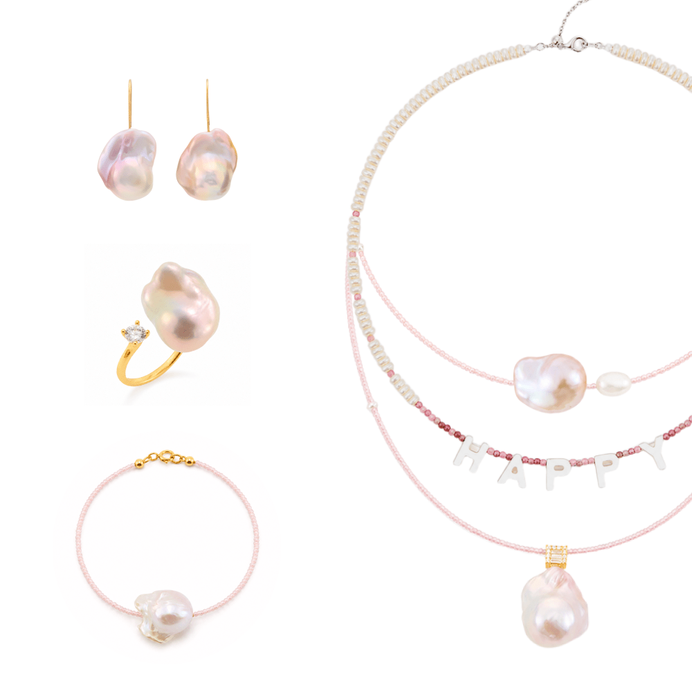 Pink baroque pearl cute romantic full jewelry set studio shot
