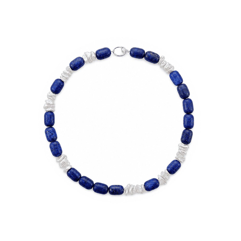 Quiet luxury lapis lazuli baroque pearl silver necklace studio shot