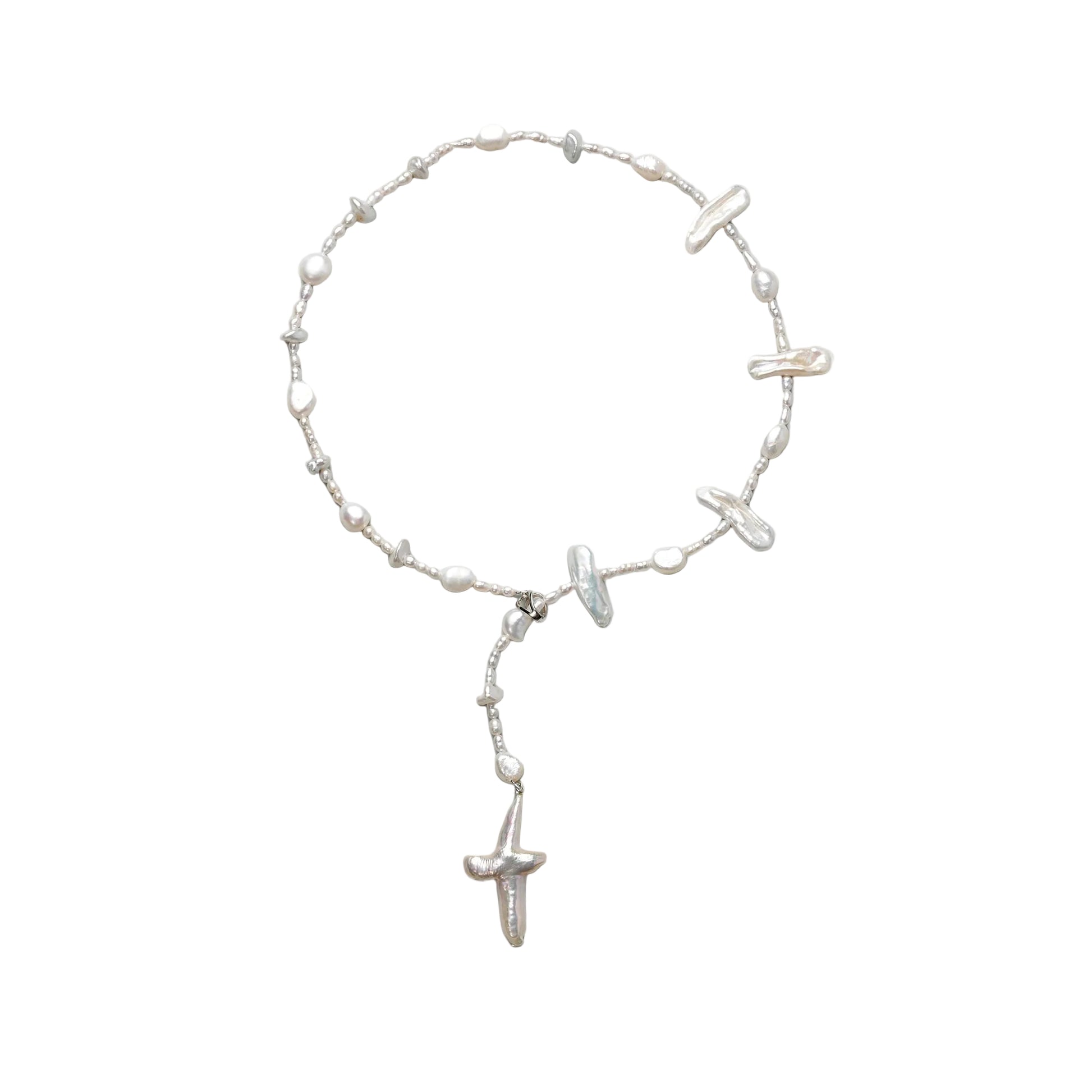 Long Cross Baroque Pearl Collage Necklace with sterling silver clasp