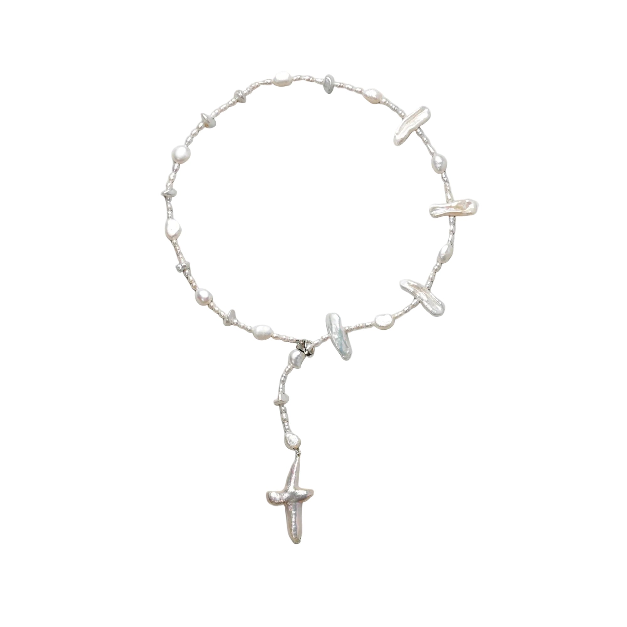 Fay | White Cross Keshi Baroque Pearl Silver Necklace