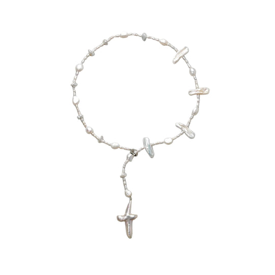 Fay | White Cross Keshi Baroque Pearl Silver Necklace