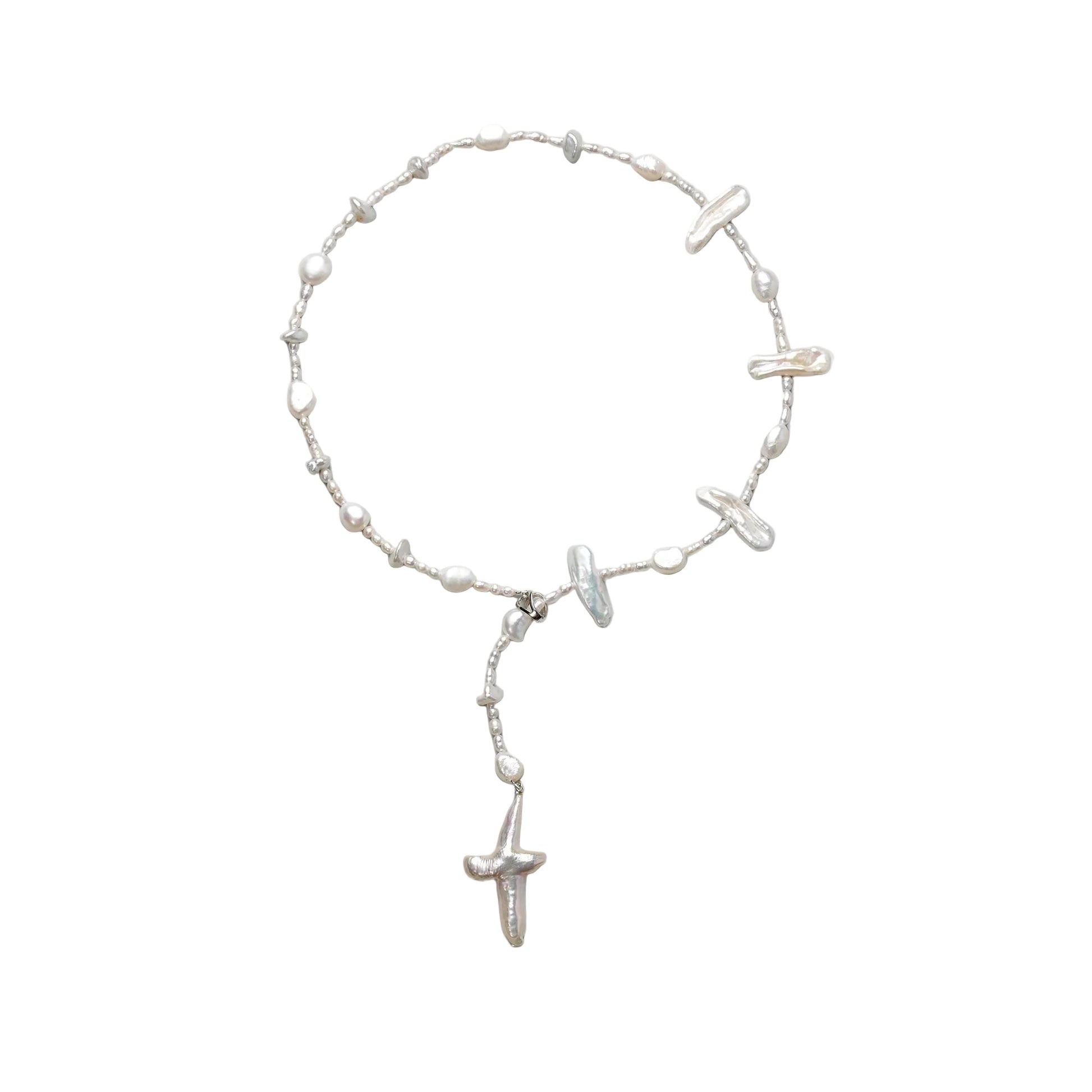 Fay | White Cross Keshi Baroque Pearl Silver Necklace