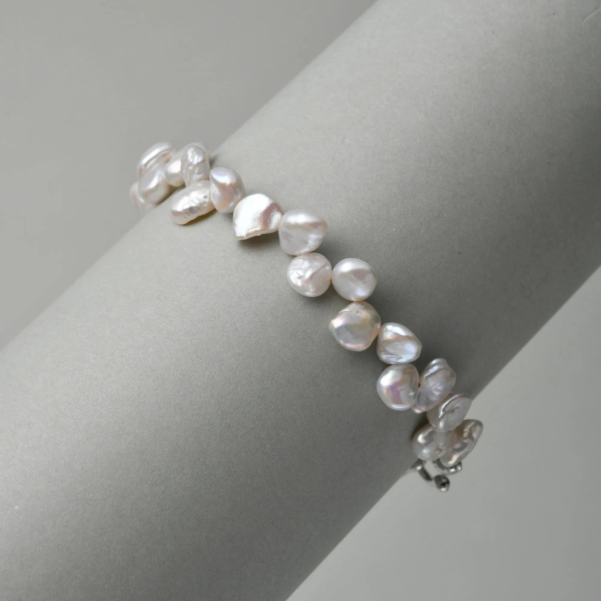 Jen | White Keshi Baroque Pearl Half Silver Chain Bracelet