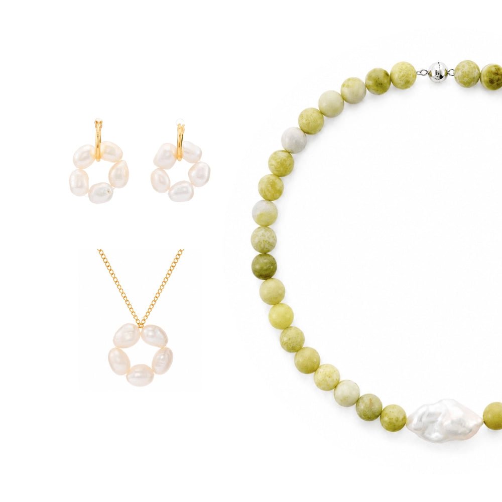 Meadow | White Keshi Baroque Pearl Serpentine Jewelry Set