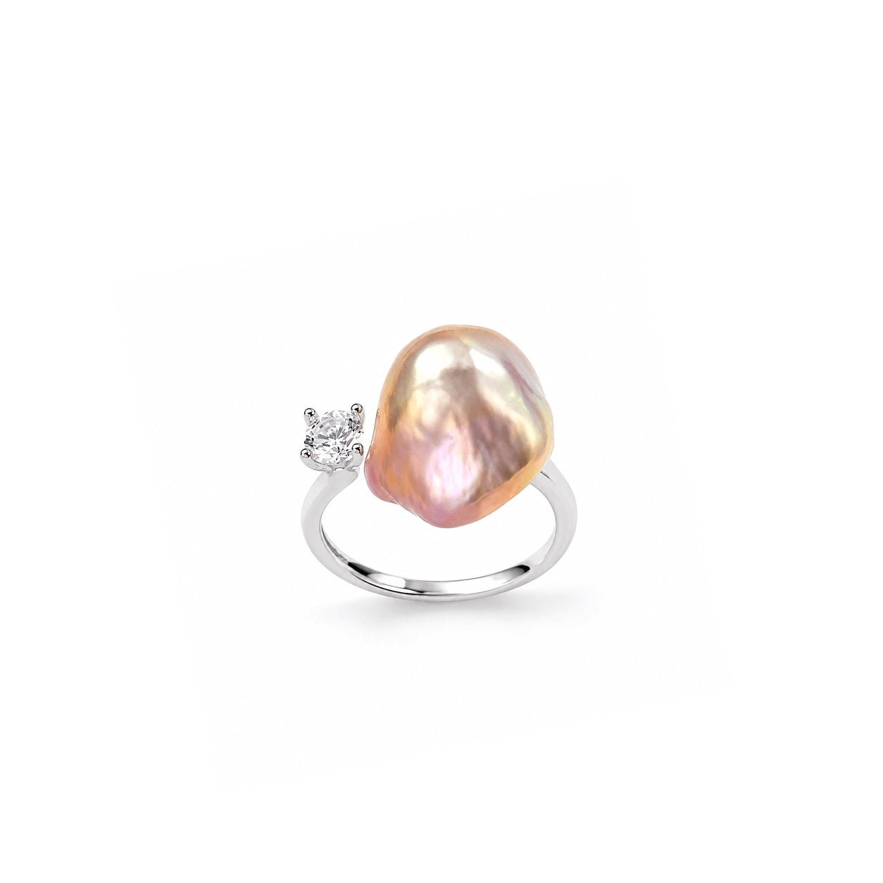 Aurora | Golden Baroque Pearl Silver Zircon Open Ring