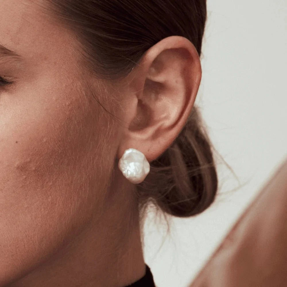 Sulu White Baroque Pearl Silver Stud Earrings model view 1