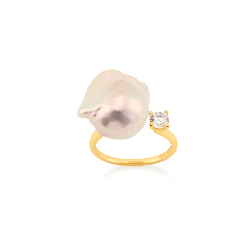 Soft pink iridescent luster of baroque pearl on 18k gold-plated prom open ring