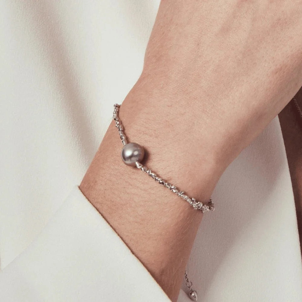 Twilight | Blue Oval Baroque Pearl Silver Bracelet model view