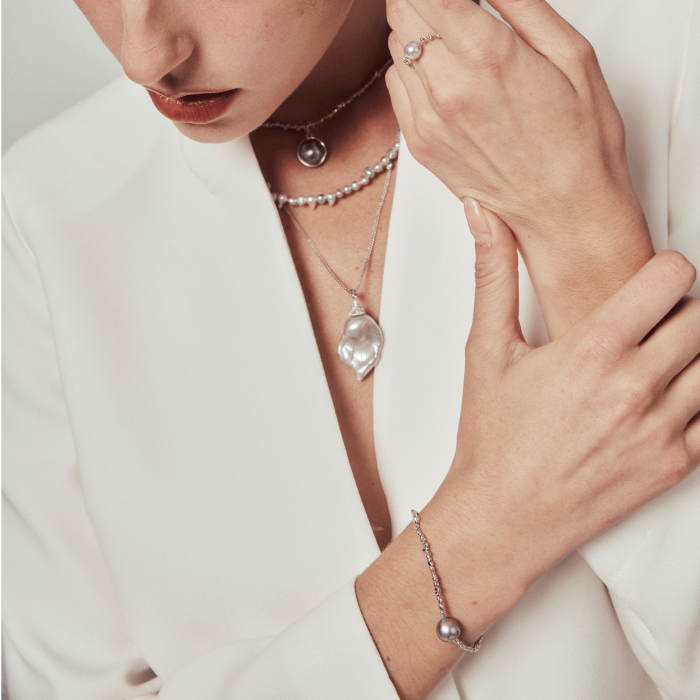Twilight | Blue Oval Baroque Pearl Silver Bracelet