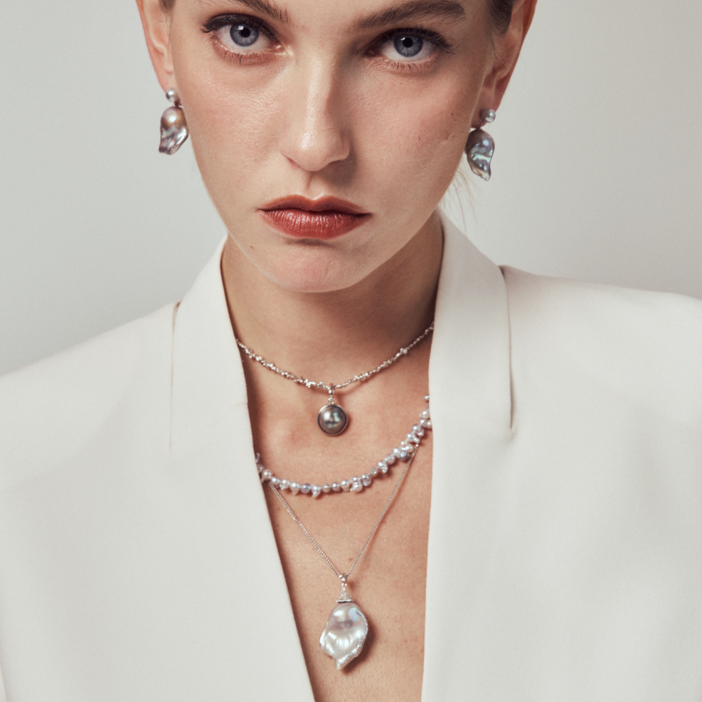 Shadow Orbit Pearl Pendant Necklace