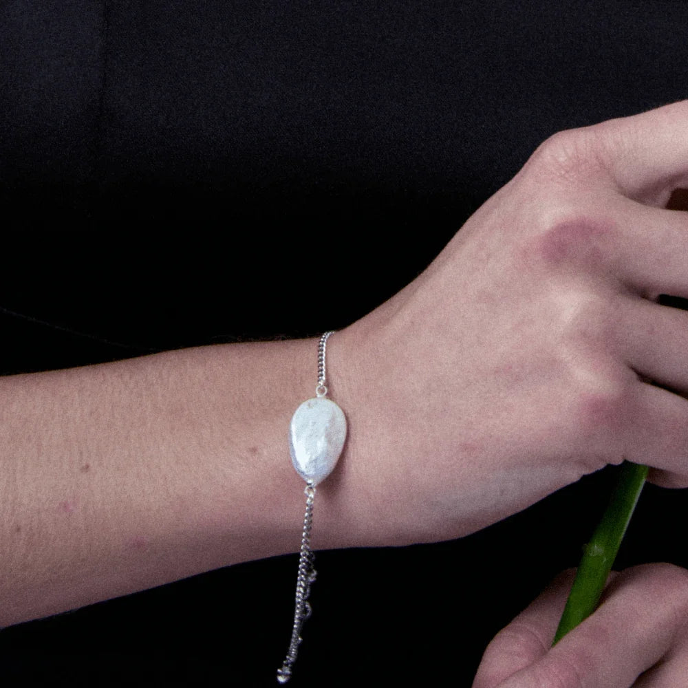 Sasai White Drop Baroque Pearl Silver Chain Bracelet model view 1