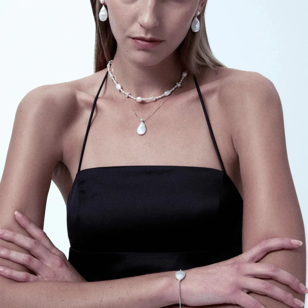 Sasai White Drop Baroque Pearl Silver Chain Bracelet model view 2