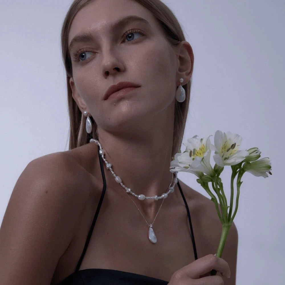 Echo | White Drop Baroque Pearl Silver Earrings model view